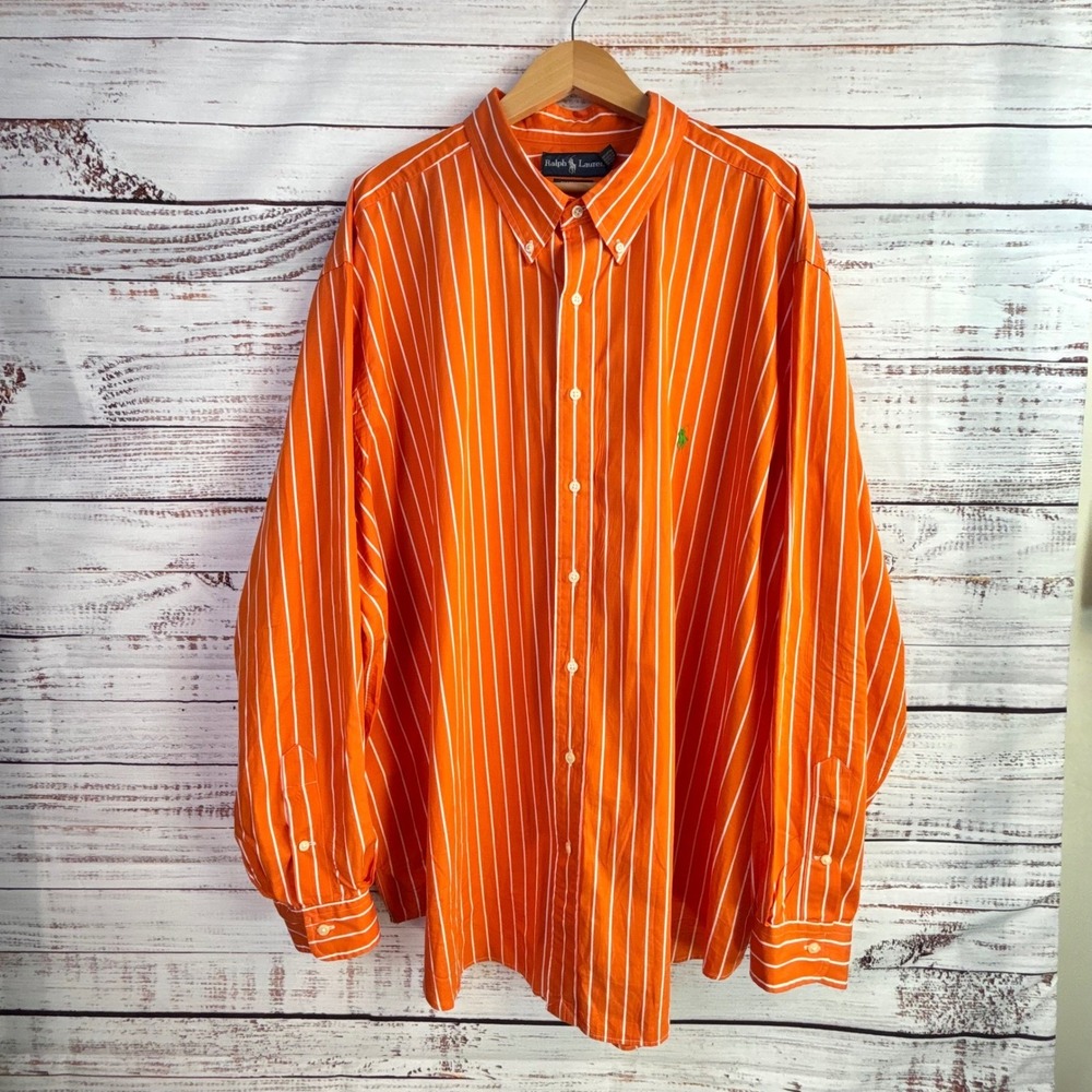 Ralph Lauren 3XB Big Preppy Button Down Shirt Orange White Cotton Green Pony - Picture 11 of 11